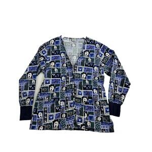 Pure Comfort Womens Medium Scrub Jacket Dog Cat Print Long Sleeve Snap Front